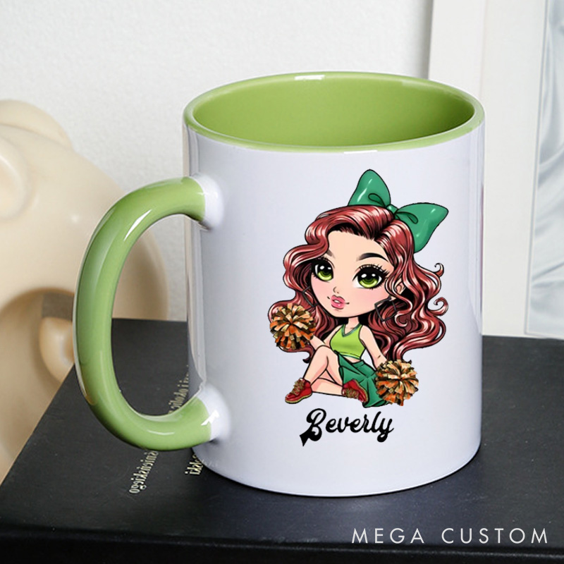 Personalized Cheerleader Mug with Custom Name and Cute Cartoon Design