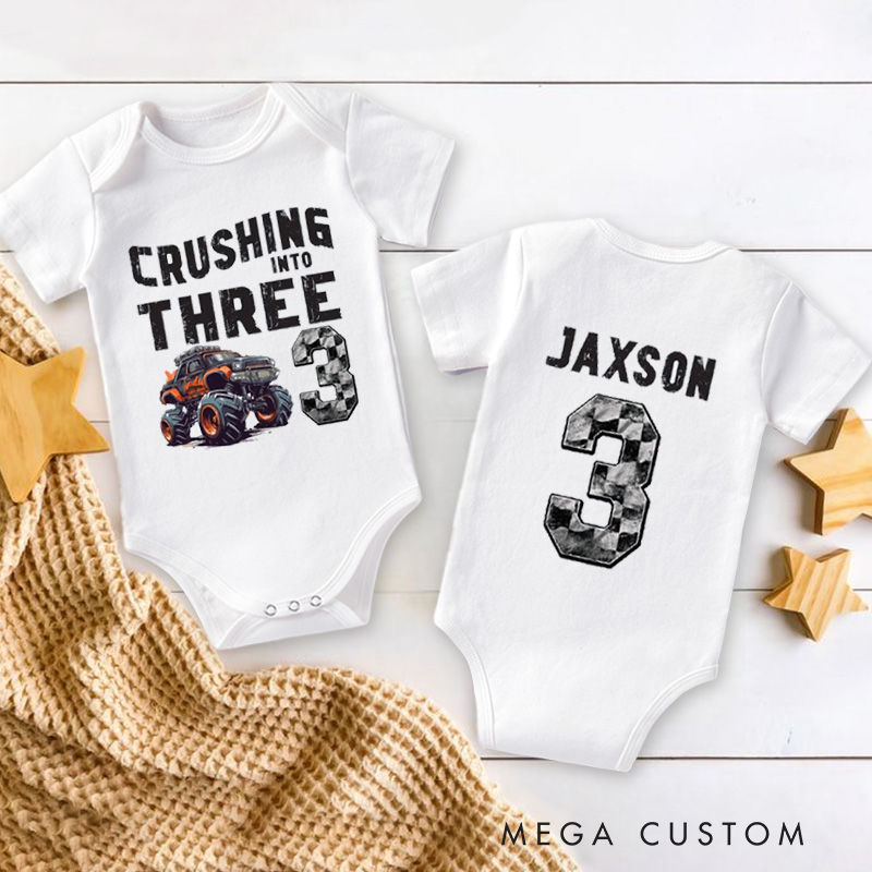 Personalized Crushing into Three Monster Truck Birthday Baby Bodysuit Monster Truck Party Birthday Boy Bodysuit Racing Bodysuit Truck Yeah Shirt 