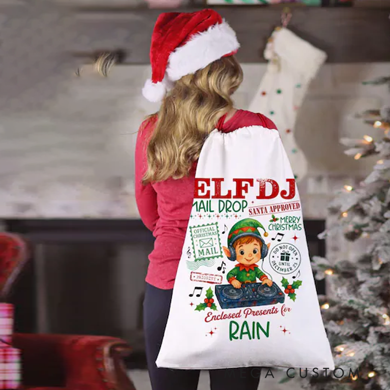 Personalized Elf Santa Bag Custom Christmas Gift Bag for Kids Music Lover Custom Name Gift Bag for Boys Christmas Gift Sack Xmas Presents Sack