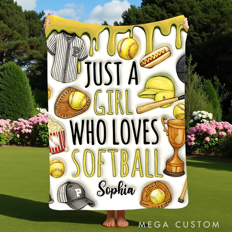 Personalized Softball Blanket with "Just a Girl Who Loves Softball" Design and Custom Name
