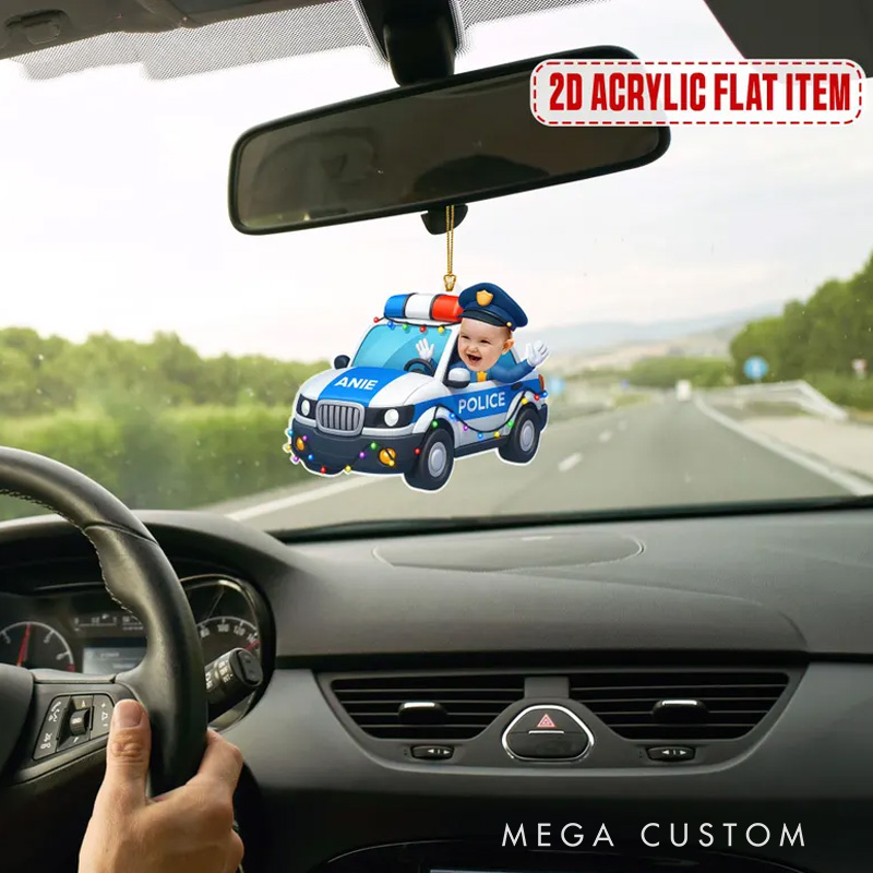 Personalized Kid Face Police Car Cartoon Personalized Acrylic Photo Ornament Christmas Gift for Grandkids Custom Kid Face Car Toys Cop Face Kid