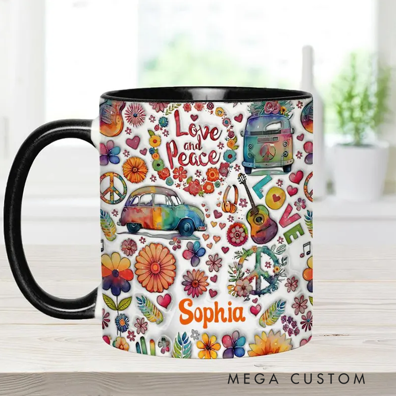 Personalized Hippie Accent Mug Love and Peace Accent Mug Flower Van Guitar Peace Sign Coffee Mug Ceramic Mug Custom Mug
