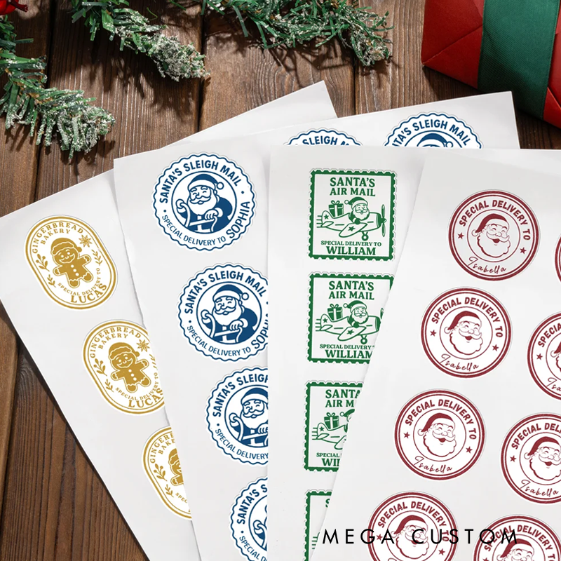 Personalized Stamp Style Christmas Elements Waterproof Sticker with Name Gift Decoration Christmas Gift for Family Kids