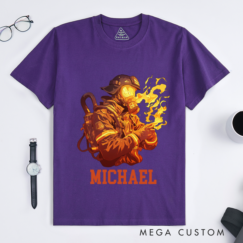 Personalized Firefighter T-Shirts Custom Firefighter Flames Graphic Design T-Shirt Firefighter Dad Gift