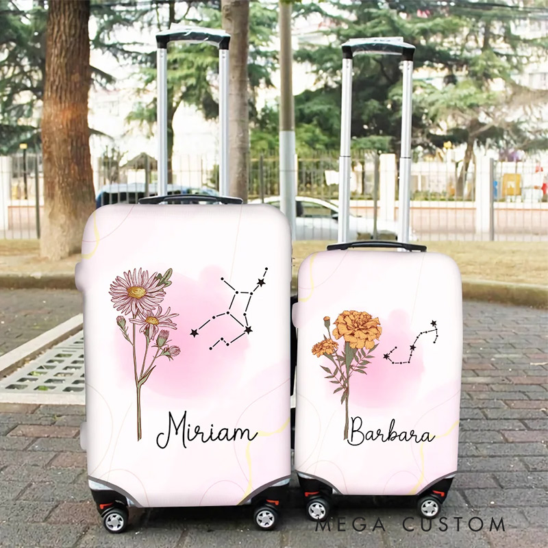 Personalized A Girl Who Really Loved Traveling Birth Flower Constellation Luggage Cover Fits 18-32 Inches Suitcase Birthday Gift for Her