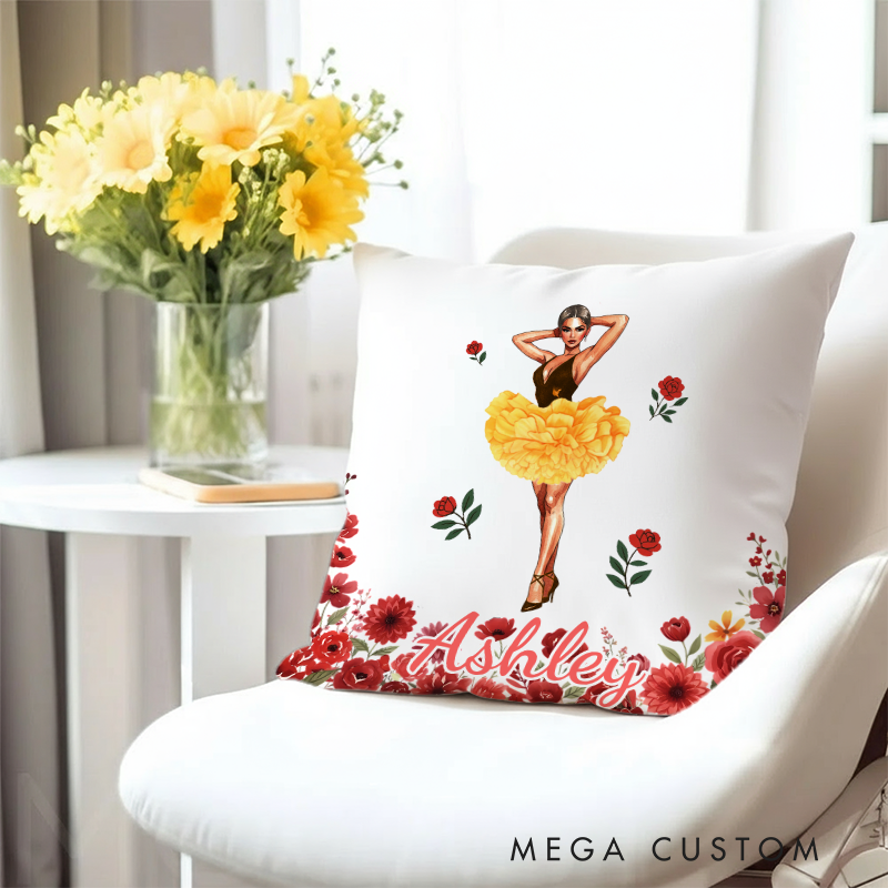 Personalized Birth Flower Latin Dance Girl Throw Pillow with Name Home Decor Anniversary Birthday Gift for Girls Women Dancers