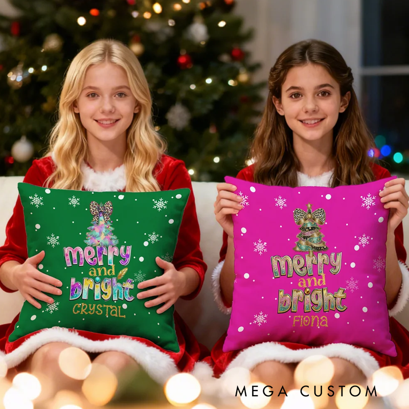 Personalized Merry and Bright Leopard Print Bow Christmas Tree Soft Throw Pillow Cover with Name Home Decor Christmas Gift for Kids Family