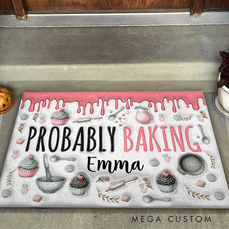 Personalized Probably Baking Doormat Custom Welcome Mat for Baker with Name Washable Non-Slip Kitchen Doormat Baking Lover Gift