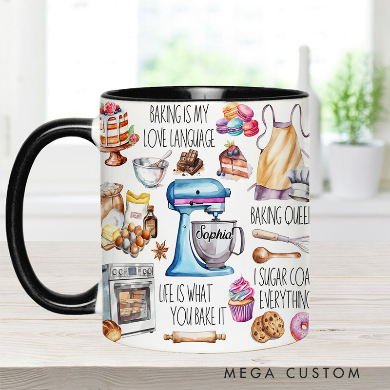 Personalized Baking Is My Love Language Mug 11oz Ceramic Baking Accent Mug with Name Coffee Cup for Baker Mom Sister Daughter Baking Lover Gift