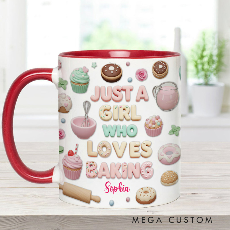 Personalized Just A Girl Who Loves Baking Mug 11oz Ceramic Baking Accent Mug with Name Coffee Cup for Baker Mom Sister Daughter Baking Lover Gift