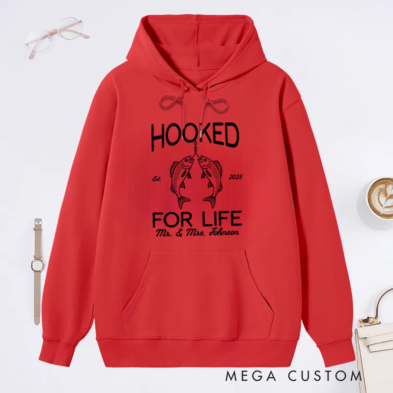 Personalized Fishing Hoodie Hooked for Life Sweatshirt Custom Names and Time Cozy Sweatshirt for Couples and Fishing Lovers