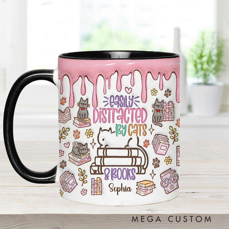 Personalized Easily Distracted By Cats and Books Mugs Custom Book Accent Mug with Name Fall Bookworm Coffee Mug for Reader Book Lover Librarian Gift