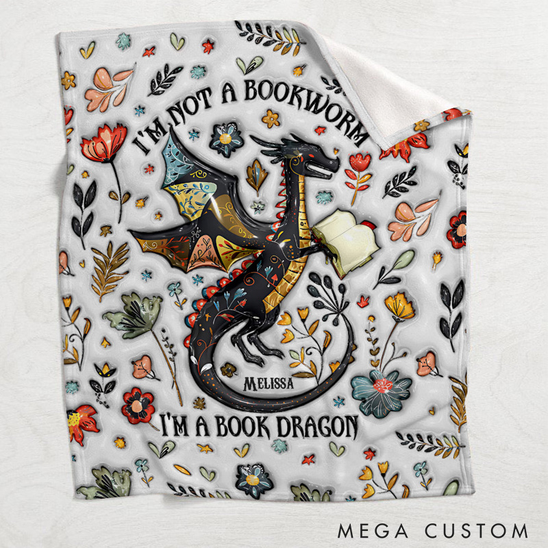 Personalized I'm Not A Book Worm I'm A Book Dragon Throw Blanket Custom Book Blanket for Fantasy Book Lover Bookish Blanket with Name for Bookworm Librarian Gift