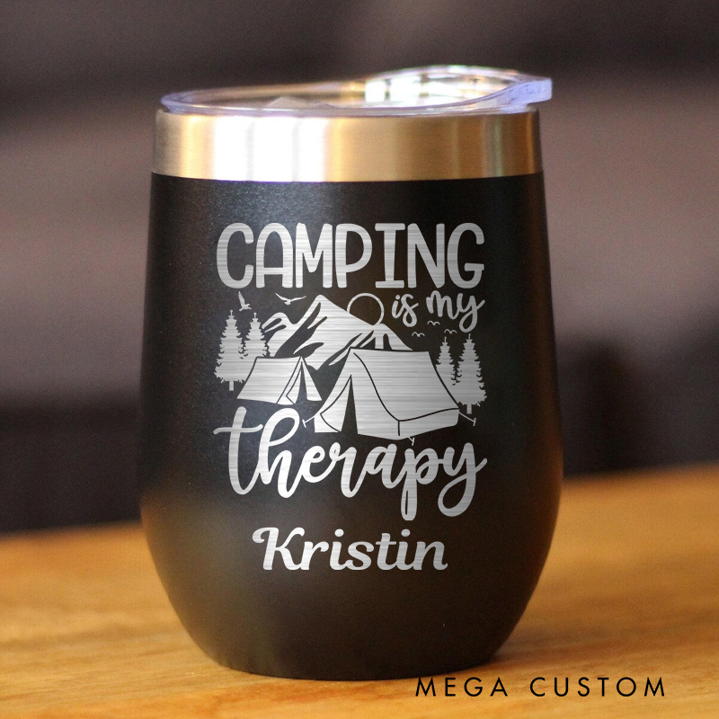 Personalized Camping Is My Therapy Tumbler Outdoor Camping Wine Tumbler Hiking & Camping Lover Mug