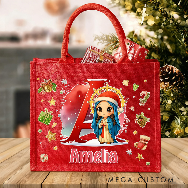 Personalized Cute Jesus Virgin Mary Reusable Red Jute Tote Gift Bag with Initial and Name Religious Christmas Party Gift for Family  Kids