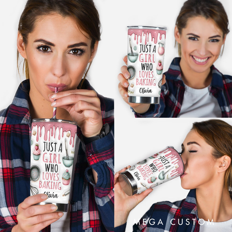 Personalized Just a Girl Who Loves Baking Tumbler with with Custom Name 20oz Baking Tumbler for Her