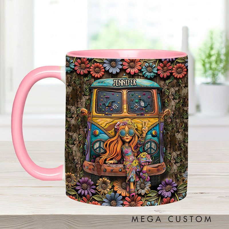 Personalized Hippie Accent Mug Hippie Lover Gifts for Girls Travel Cup Colorful Hippie Car Hippie Coffee Mug Bohemian Coffee Mug Peace Love Cup