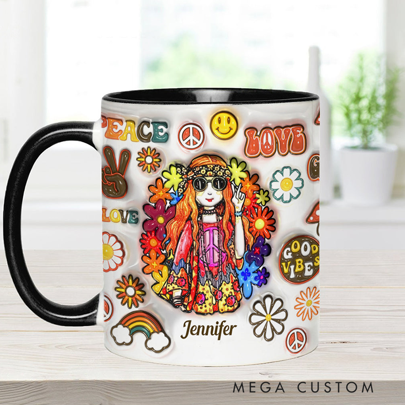 Personalized Name Hippie Accent Mug Hippie Girl Hippie Soul Peace Love Mug for Music Lover Gift