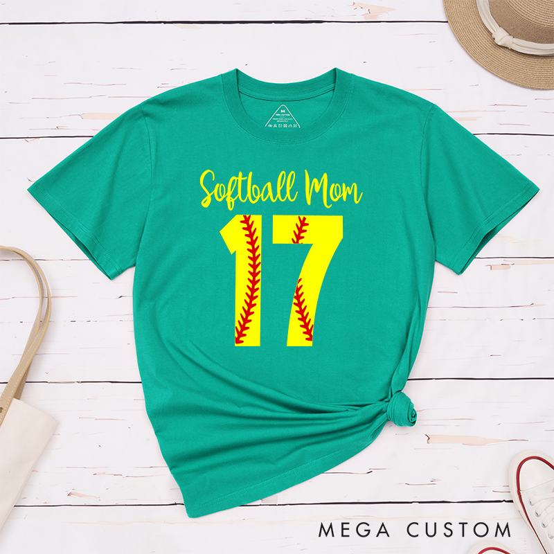 Personalized Softball Mom T-Shirt Design Featuring Customizable Player Number with Red Stitch Softball Pattern and Stylish Yellow Script Text
