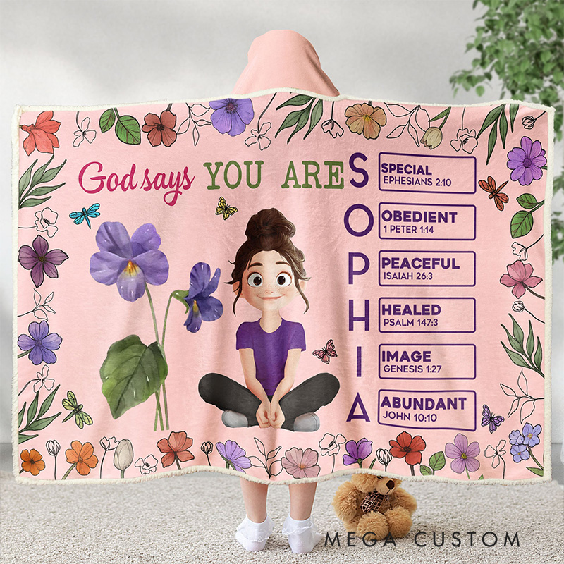 Personalized God Says You Are Cartoon Character Soft Hooded Blanket with Name Letter In Bible Home Accessory Birthday Christian Gift for Women