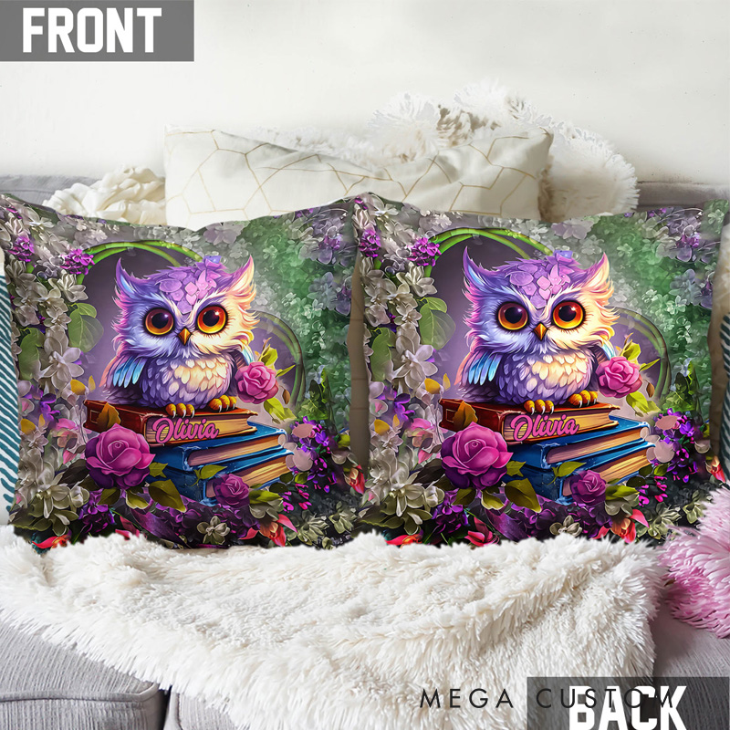 Personalized Owl Book Throw Pillow with Name Library Floral Book Pillow Cover with Names for Fantasy Book Lovers Readers Bookworm Gift
