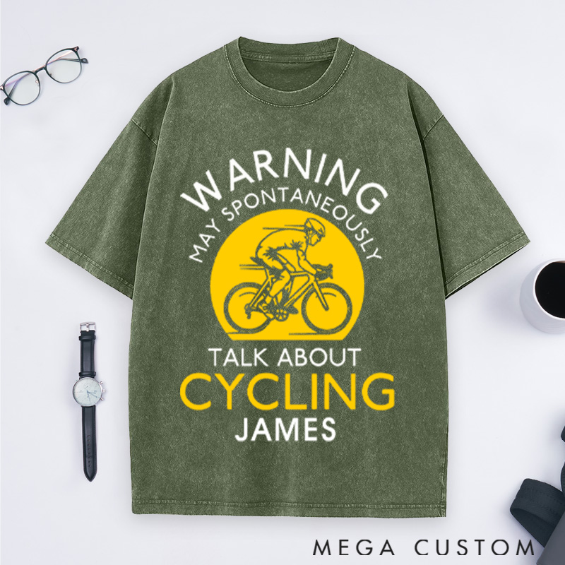 Personalized Washed T-Shirts Warning May Spontaneously Talk About Cycling T-Shirt for Cycling Lovers