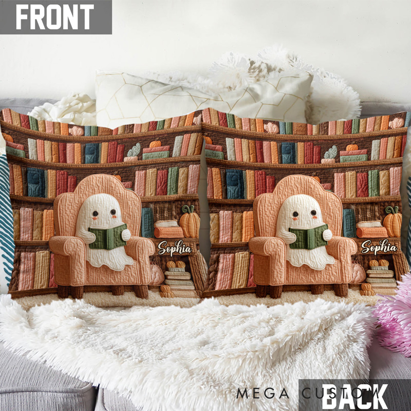 Personalized Bookish Throw Pillow with Name Reading Ghost Book Pillow Cover with Names for Book Lovers Readers Bookworm Gift