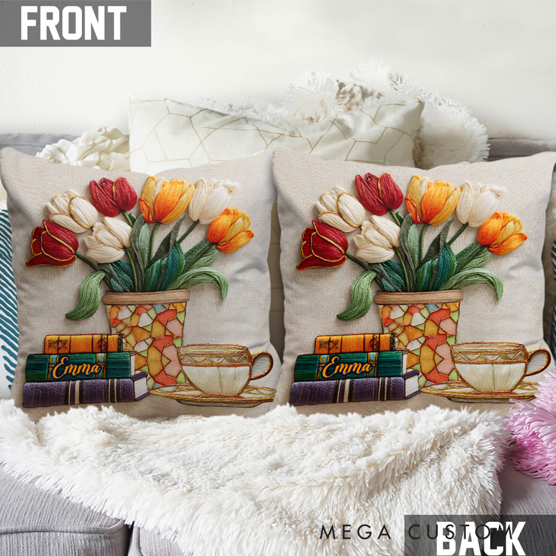 Personalized Books and Flowers Throw Pillow with Name Floral Book Pillow Cover with Names for Book Lovers Readers Bookworm Gift