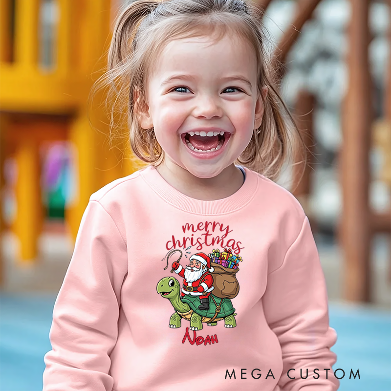 Personalized Kids Sweatshirt and Holiday Pullover Featuring Santa and Turtle Design for a Cheerful Christmas Atmosphere