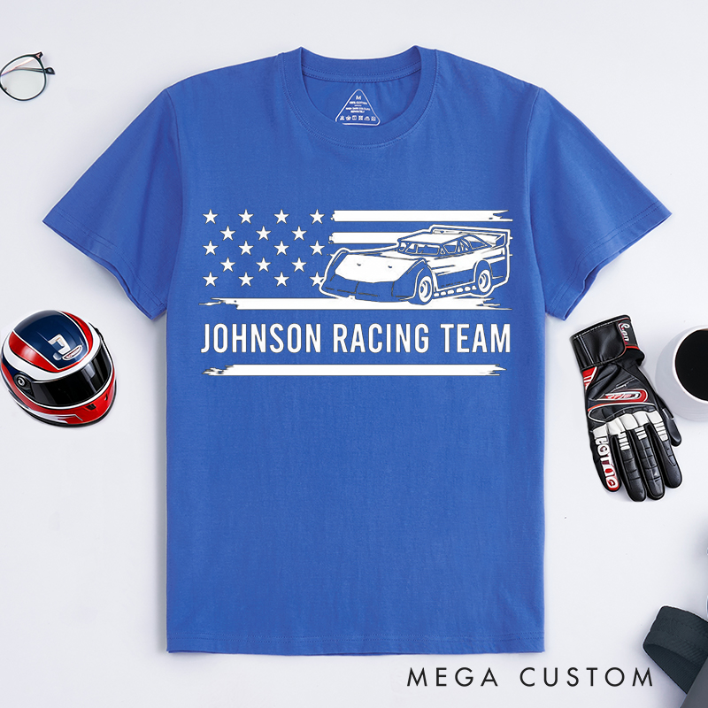 Personalized Racing Team T-Shirt Custom Text Vintage USA Flag Race Car Design for Racers and Racing Lovers