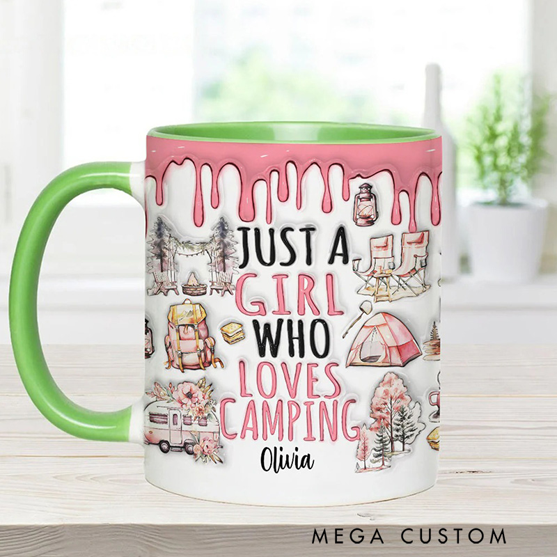 Personalized Just a Girl Who Loves Camping Mug Outdoors Adventure Mountains Camper Hiking Cup Gift for Kid Outdoors Lovers