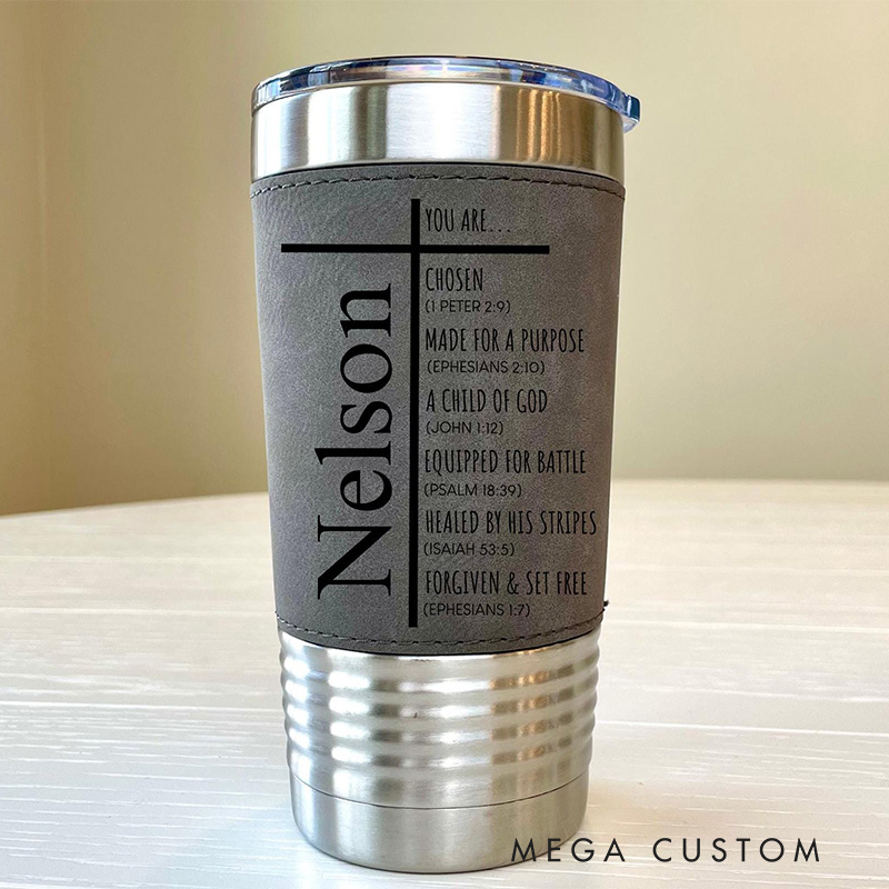 Personalized Cross You Are Chosen 20oz Vintage Leather Tumbler for Men Religious Retirement Baptism Birthday Gift for Christian