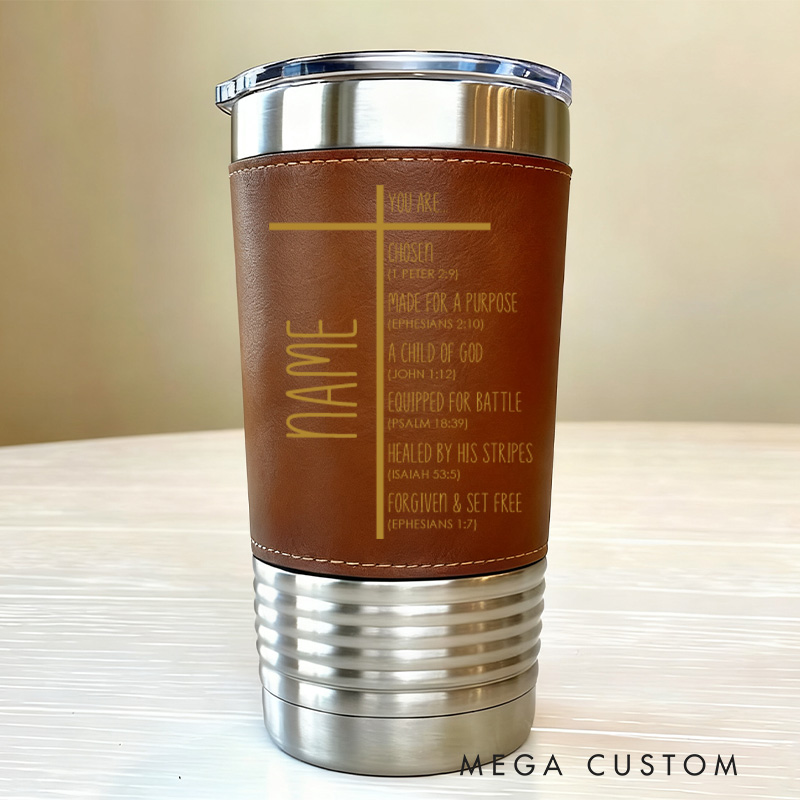 Personalized Cross You Are Chosen 20oz Vintage Leather Tumbler with Name for Men Religious Retirement Birthday Gift for Christian