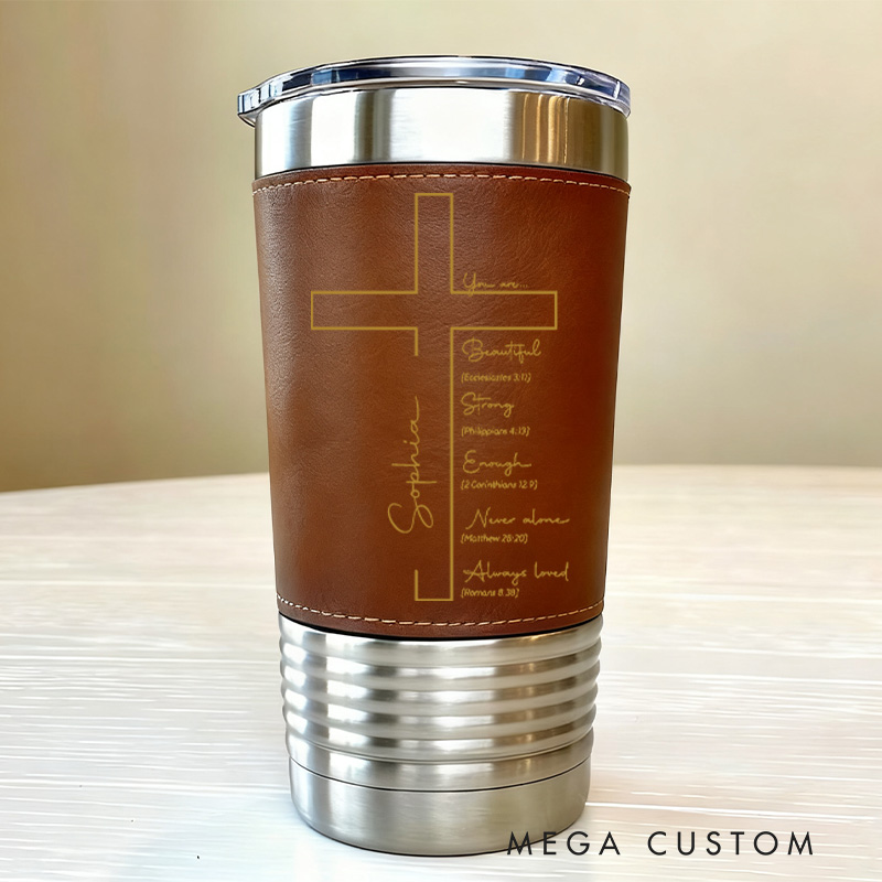 Personalized Cross You Are Chosen Bible Verse 20oz Vintage Leather Tumbler with Name Religious Retirement Birthday Gift for Christian Men