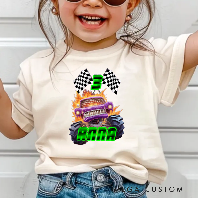 Personalized Big Wheel Off-Road Truck Multicolor Kid's Tshirt with Age and Name Birthday Christmas Gift for Kids