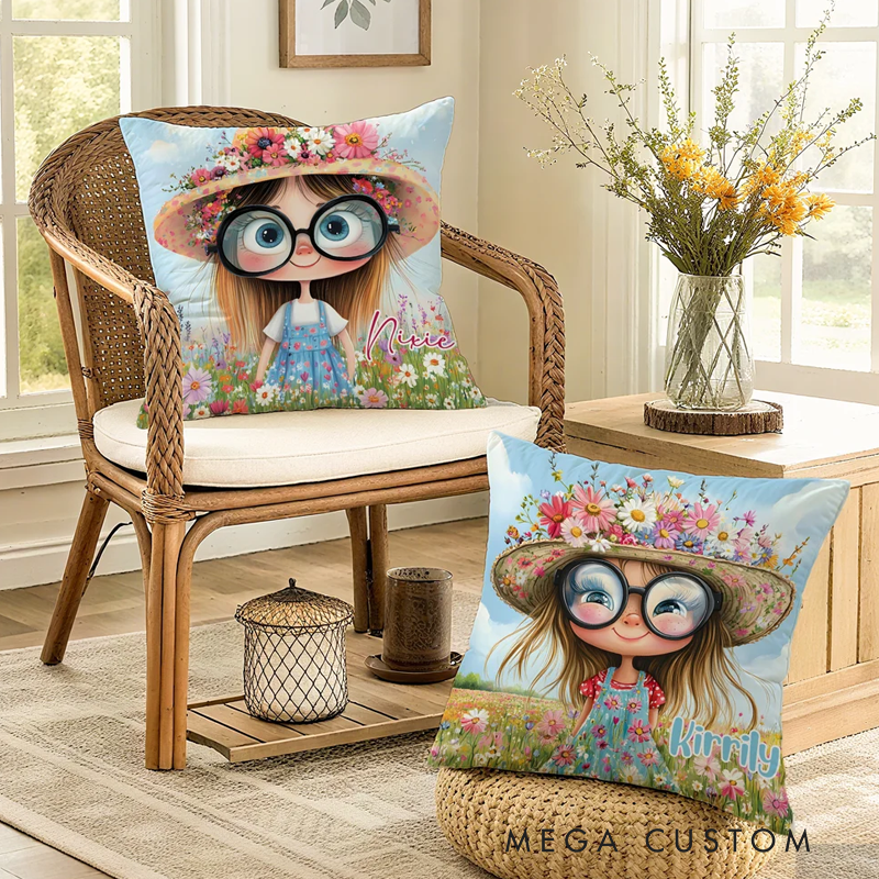 Personalized Quirky Flower Girl Soft Throw Pillow Cover with Name Home Decor Birthday Gift for Girls Friends