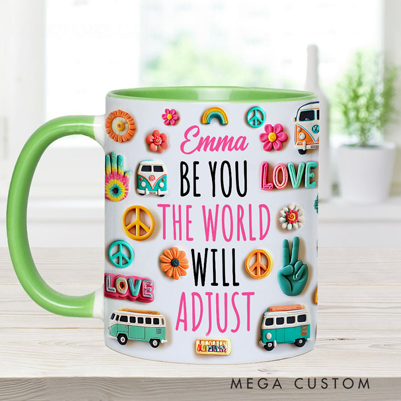 Personalized Name Hippie Accent Mug Be You the World Adjust Gift Hippie Lover Gifts Colorful Hippie Coffee Mug Bohemian Coffee Mug