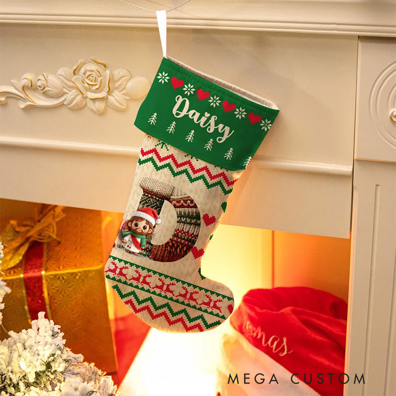 Personalized Cute Christmas Knitted Sweater Jesus Virgin Mary Hanging Christmas Stocking with Initial Home Decor Gift for Christian Kids Family