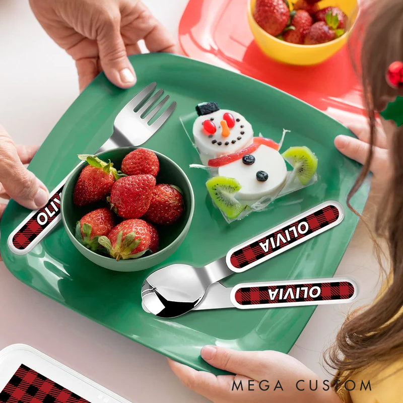 Personalized Cartoon Reindeer Snowflake Plaid Kid Stainless Steel Fork Spoon Knife 3 Pcs Cutlery Set with Name and Case Christmas Gift for Boys Girls
