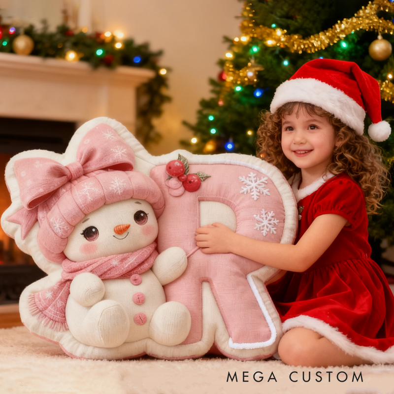 Personalized Cute Cartoon Santa Hat Snowman Initial Pillow Christmas Gift 