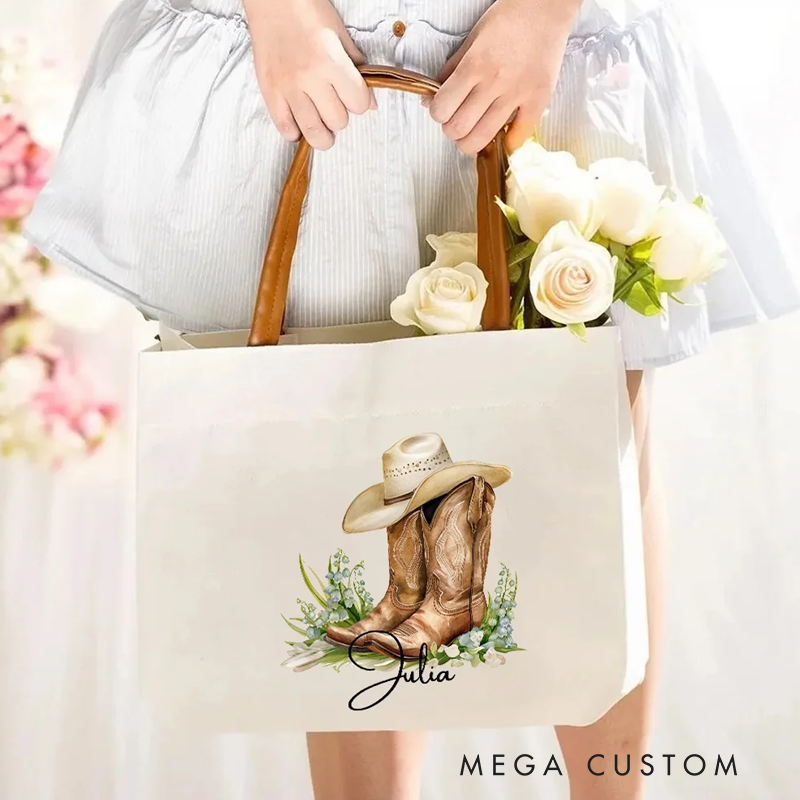 Personalized Birth Flower Western Cowgirl Boots Design Canvas Tote Bag with Name and Leather Handle Birthday Bridesmaid Gift for Women