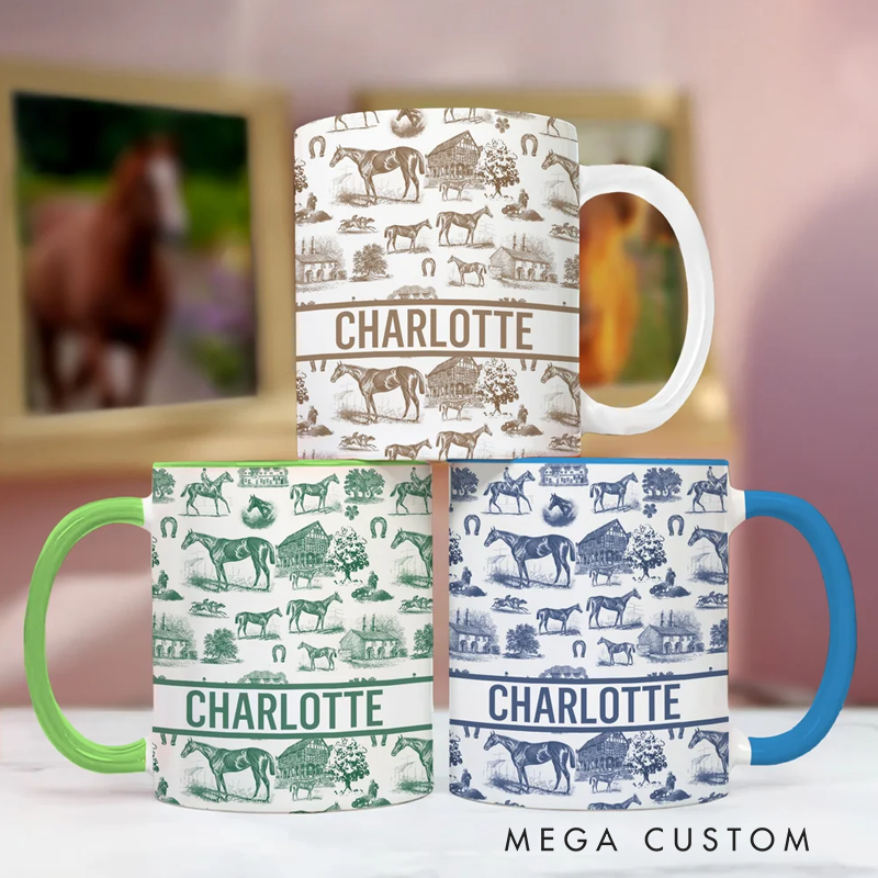 Personalized Multicolor Equestrianism Pattern Ceramic Coffee Mug with Text and Coaster Anniversary Birthday Gift for Equestrians Cowgirls