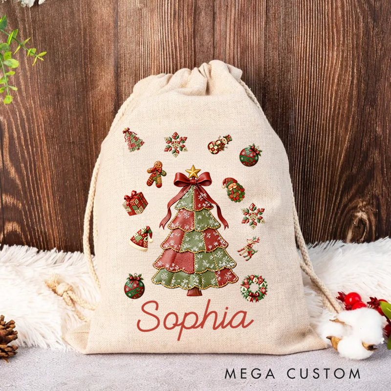 Personalized Christmas Tree Santa Claus Canvas Drawstring Gift Bag with Name Christmas Gift for Family Kids