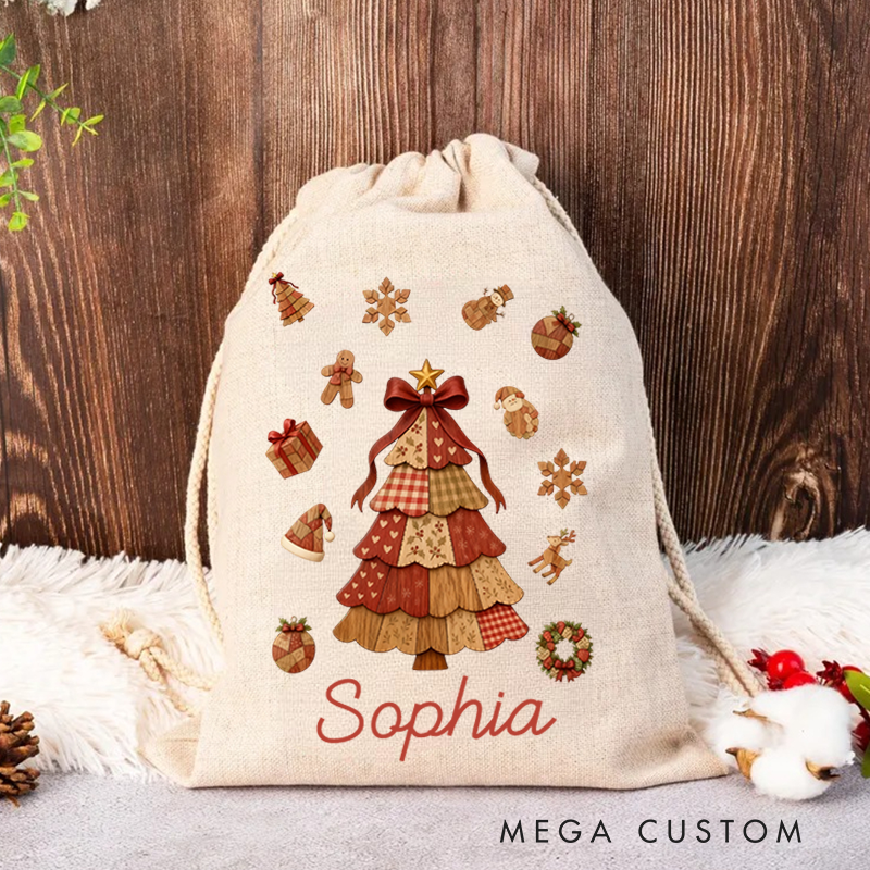 Personalized Wood Element Christmas Tree Santa Claus Canvas Drawstring Gift Bag with Name Christmas Gift for Family Kids