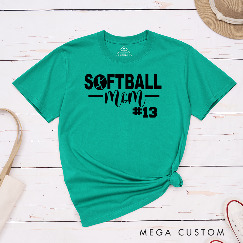 Personalized Softball Mom T-Shirt Design Featuring Bold Text Player Number and a Stylish Softball Silhouette Graphic