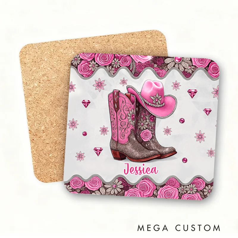Personalized Name Cowgirl Accent Coaster Custom Cowgirl Boots Gift for Music Lover