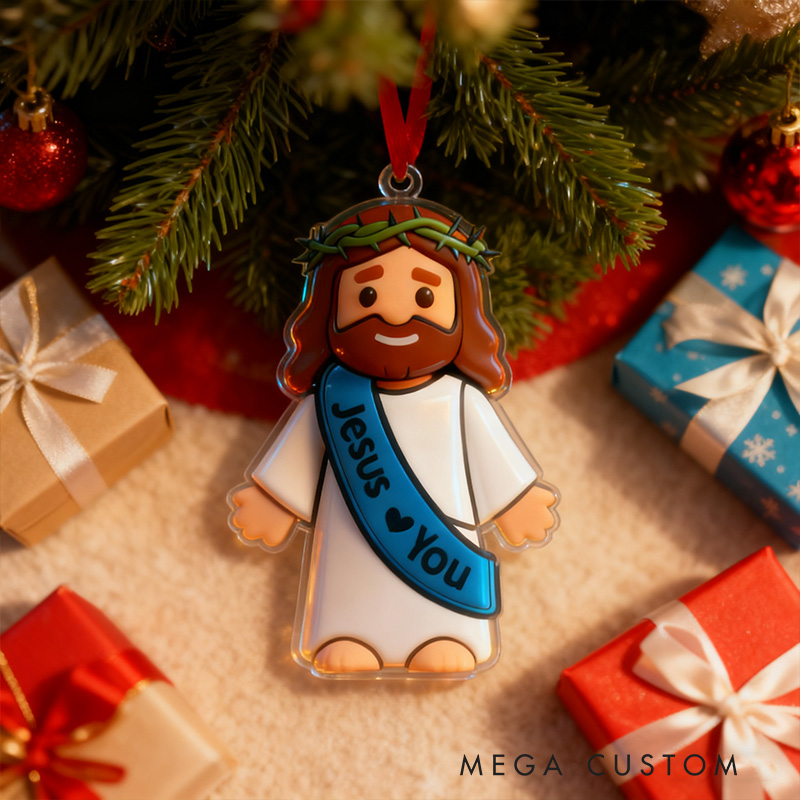 Personalized Cute Jesus Acrylic Ornament with Sash Jesus Love You Custom Nam Holiday Tree Decor Religious Gift for Kids Christian Gift for Christmas