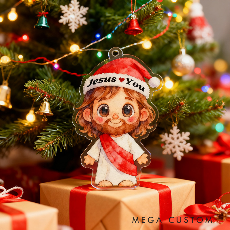 Personalized Cute Jesus Acrylic Ornament with Jesus Love You Custom Text Holiday Tree Decor Religious Gift for Kids Christian Gift for Christmas