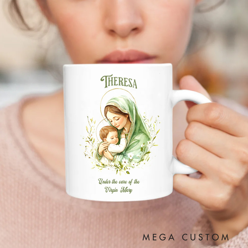 Personalized under the Care of Virgin Mary Ceramic Mug with Name Religious Gift Catholic Gift for Women Girls