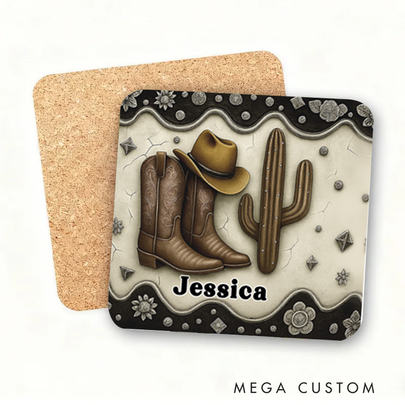 Personalized Name Cowboy Accent Coaster Custom Cowboy Boots Gift for Music Lover